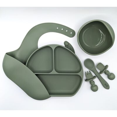 Complete Weaning Kit- Bib, Suction plate & Bowl, Silicone spoon & Mini Fork and Spoon Set - Desert Sage