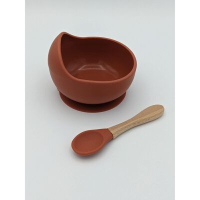 Silicone Suction Bowl and Spoon Set (Wooden Spoon) Sale - Rust