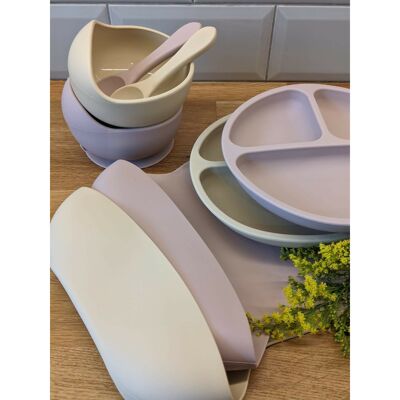 Silicone Bib, Divider Plate, Suction Bowl and Spoon Set - Blush pink