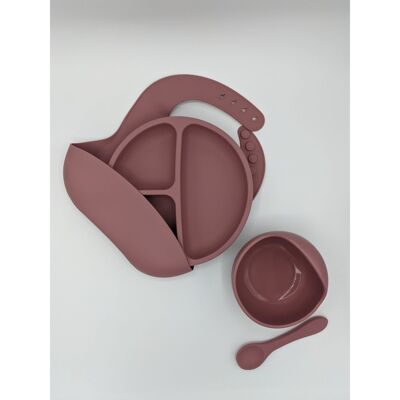 Silicone Bib, Divider Plate, Suction Bowl and Spoon Set - Dusty Pink