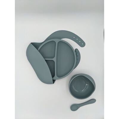 Silicone Bib, Divider Plate, Suction Bowl and Spoon Set - Blue Ether