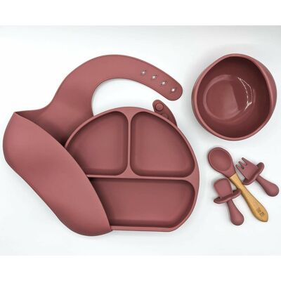 Complete Weaning Kit - Bib, Suction plate, Bowl, Bamboo spoon & Mini Fork and Spoon Set - Dusty pink