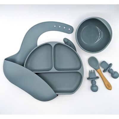 Complete Weaning Kit - Bib, Suction plate, Bowl, Bamboo spoon & Mini Fork and Spoon Set - Blue Ether
