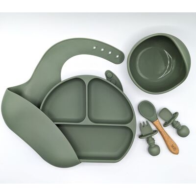 Complete Weaning Kit - Bib, Suction plate, Bowl, Bamboo spoon & Mini Fork and Spoon Set - Desert Sage