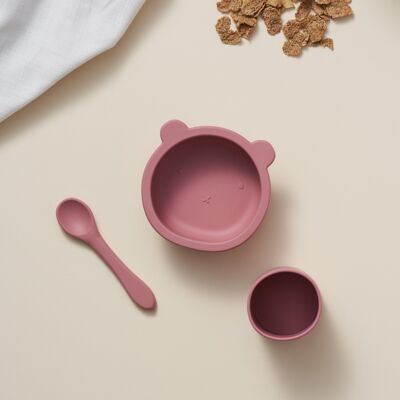 Suction Bear Bowl, Spoon and Cup Set - Rose