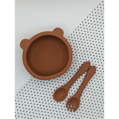 Suction Bear Bowl Fork and Spoon Sets - Spiced Pumpkin