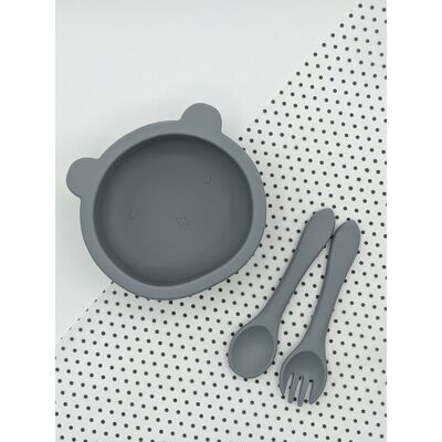 Suction Bear Bowl Fork and Spoon Sets - Pebble