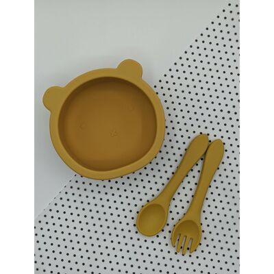 Suction Bear Bowl Fork and Spoon Sets - Mustard