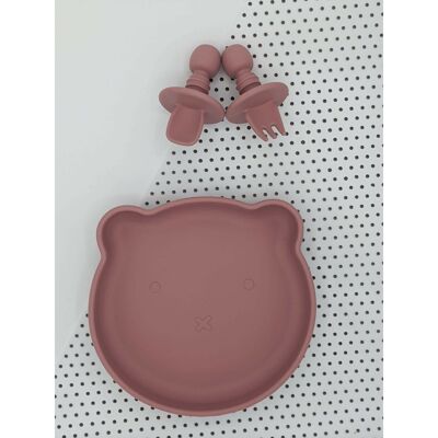 Suction Bear Plate, Mini Fork and Spoon set - Rose