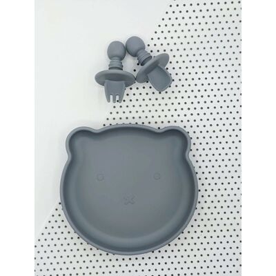 Suction Bear Plate, Mini Fork and Spoon set - Pebble