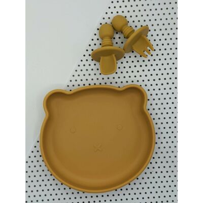 Suction Bear Plate, Mini Fork and Spoon set - Mustard