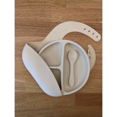 Silicone Bib, Divider Plate and Spoon set - Cream