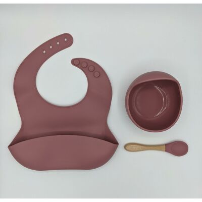 Silicone Suction Bowl, Bib and Spoon Set (Wooden Spoon) - Dusty Pink