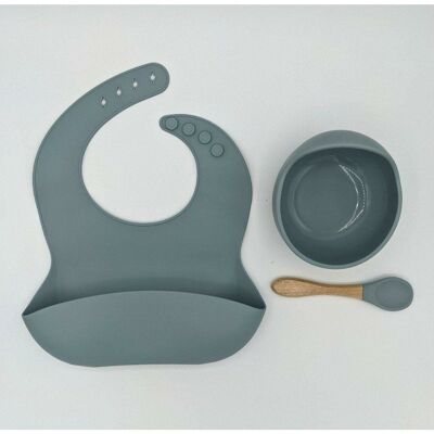 Silicone Suction Bowl, Bib and Spoon Set (Wooden Spoon) - Blue