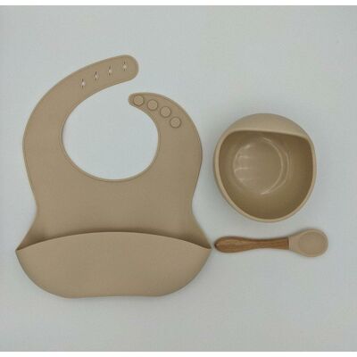 Silicone Suction Bowl, Bib and Spoon Set (Wooden Spoon) - Cream