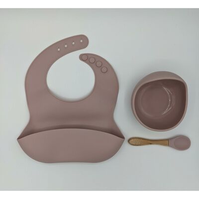 Silicone Suction Bowl, Bib and Spoon Set (Wooden Spoon) - Blush Pink