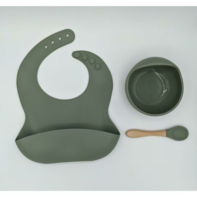 Silicone Suction Bowl, Bib and Spoon Set (Wooden Spoon) - Desert Sage