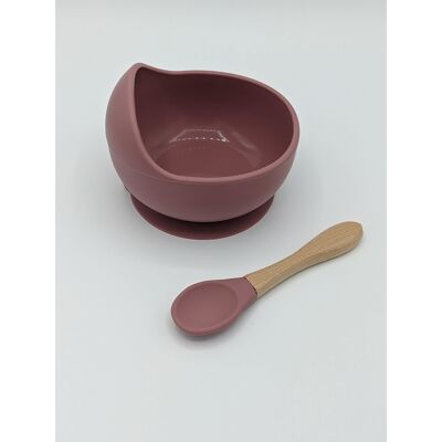 Silicone Suction Bowl and Spoon Set (Wooden Spoon) - Dusty Pink
