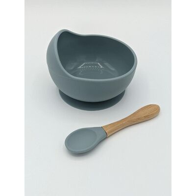 Silicone Suction Bowl and Spoon Set (Wooden Spoon) - Blue