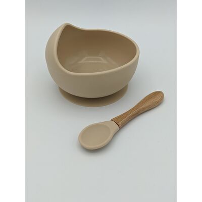 Silicone Suction Bowl and Spoon Set (Wooden Spoon) - Cream