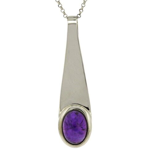 Long Silver Pendant with Oval Amethyst Stone Pendant with 18" Trace Chain and Presentation Box