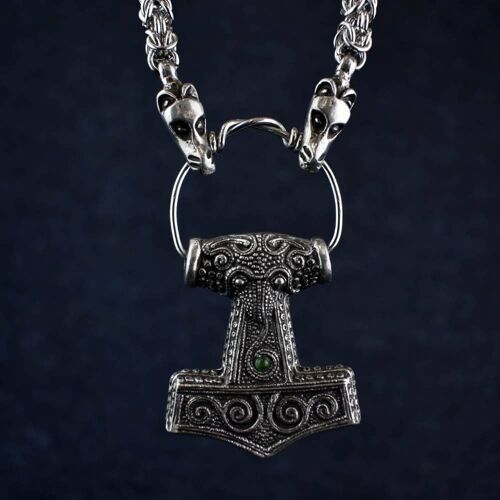 Green Skane Thor's Hammer on Dragon Chain Necklace