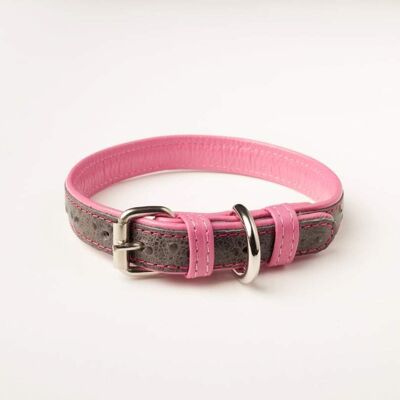 Willow Walks leather collar with ostrich effect in grey and bright pink