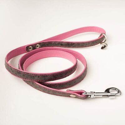 Willow Walks double sided soft leather lead with ostrich effect in grey and bright pink - XS/S