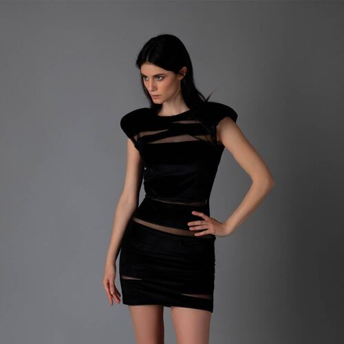 Dress with padded straps, velvet, transparencies and logo