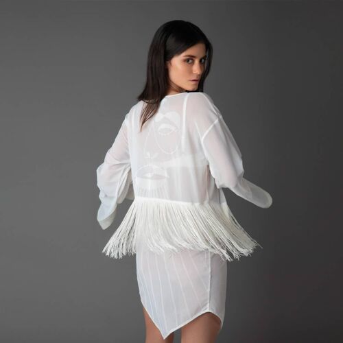 Short fringed kimono in transparent tulle with print ii