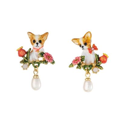 Corgi Dog Enamel Earrings with Natural Pearls