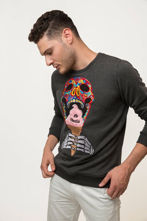 Embroidered Skull Ice Cream Sweatshirt Man - WET ASPHALT