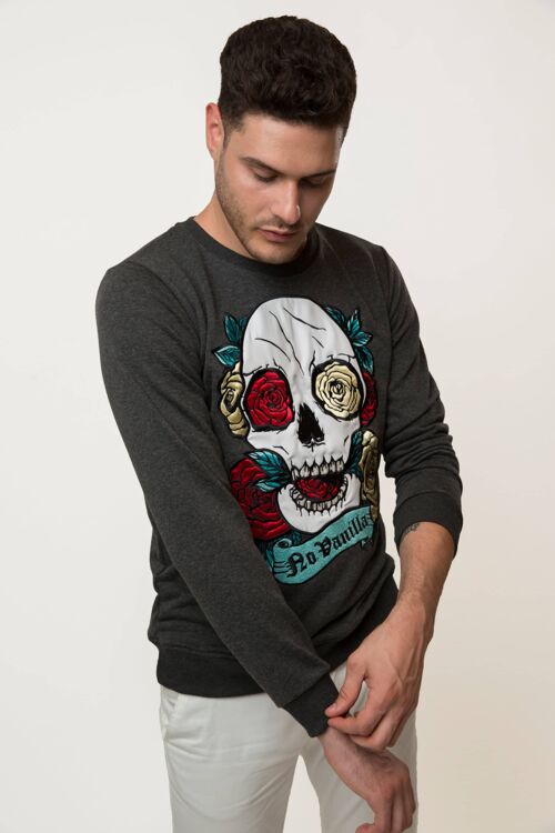 Embroidered Skull Roses Sweatshirt Man - WET ASPHALT