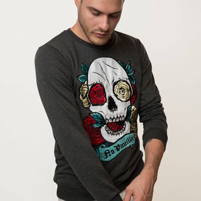 Felpa Uomo Skull Rose Ricamate - WET ASPHALT