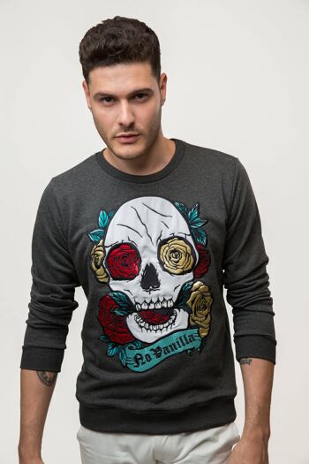 Sweat Homme Skull Roses Brodé - WET ASPHALT 3