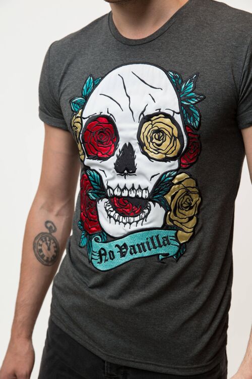 Embroidered Skull Roses T-shirt Man - WET ASPHALT