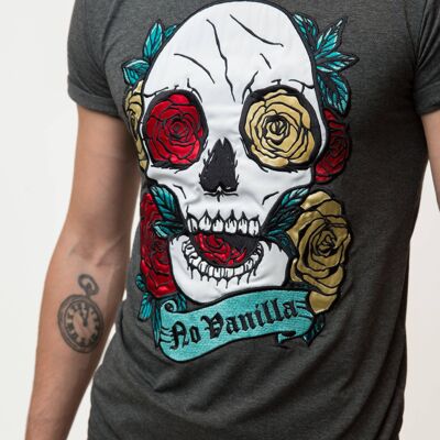 Camiseta Hombre Calavera Bordada Rosas - ASFALTO MOJADO