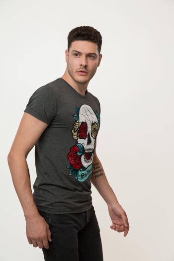 T-shirt Tête de Mort Roses Brodées Homme - WET ASPHALT 3