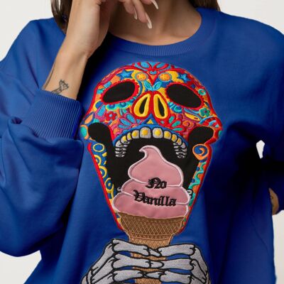 Eiscreme-Sweatshirt mit Totenkopf-Stickerei Damen - KÖNIGSBLAU