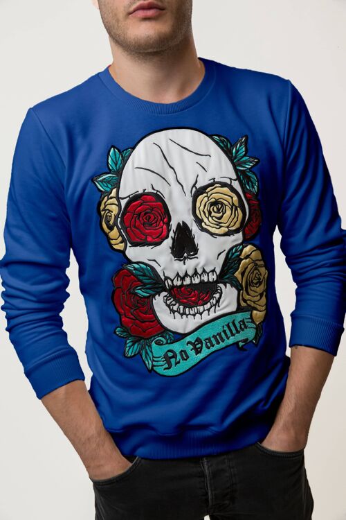 Embroidered Skull Roses Sweatshirt Man - ROYAL BLUE