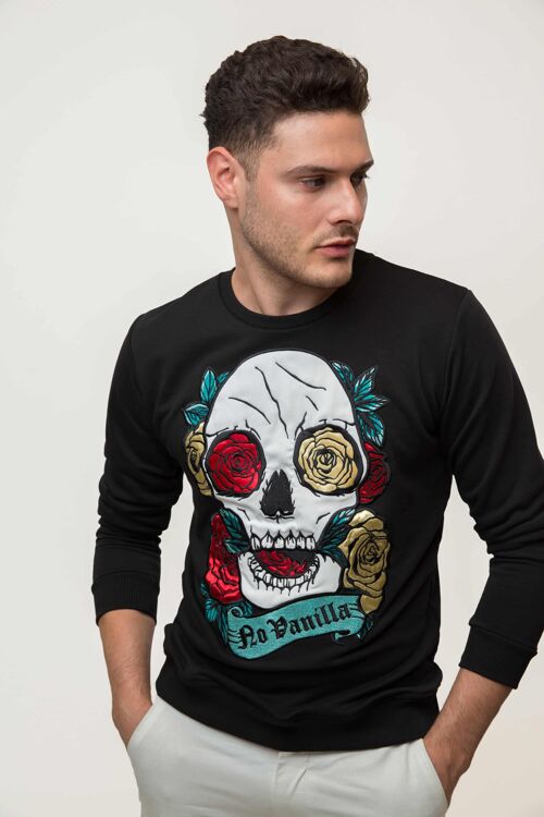 Embroidered Skull Roses Sweatshirt Man - BLACK