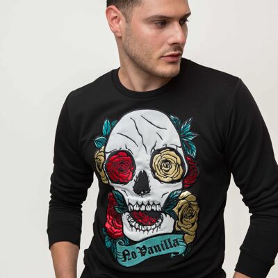 Besticktes Sweatshirt mit Totenkopfrosen für Herren - SCHWARZ