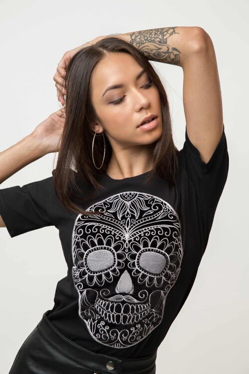 Embroidered Black Moustache Skull T-shirt Woman - SILVER