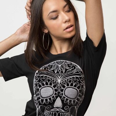 Embroidered Black Moustache Skull T-shirt Woman - SILVER