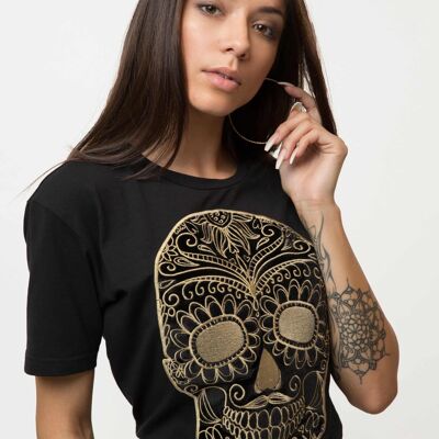 Camiseta Mujer Calavera Bigote Negra Bordada - ORO