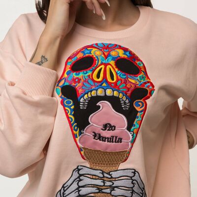 Sudadera Mujer Helado Calavera Bordada - CREMA