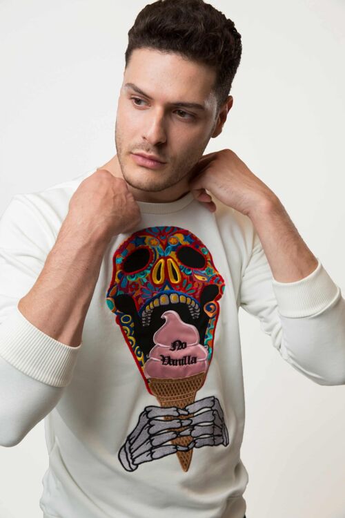 Embroidered Skull Ice Cream Sweatshirt Man - CHAMPAGNE