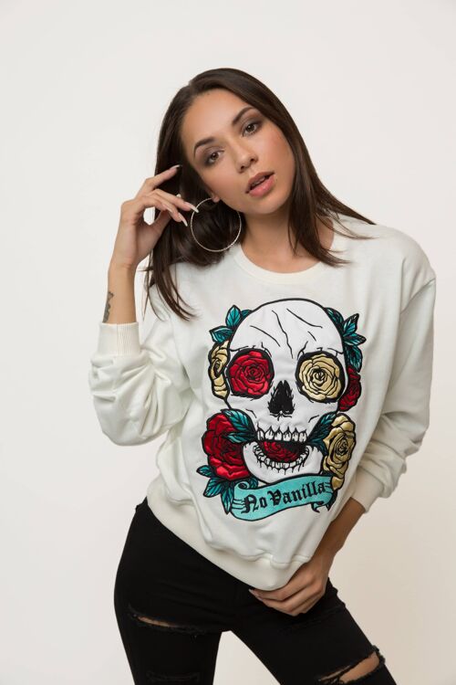 Embroidered Skull Roses Sweatshirt Woman - CHAMPAGNE