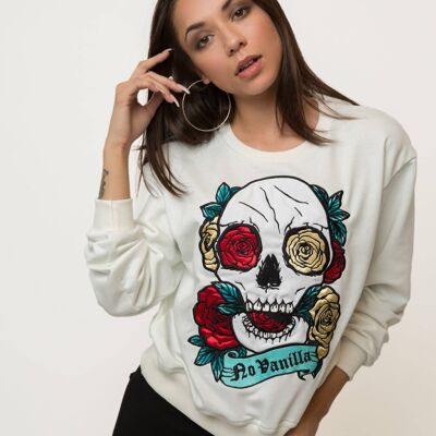 Sweatshirt mit Totenkopf-Rosen-Stickerei Damen - CHAMPAGNE