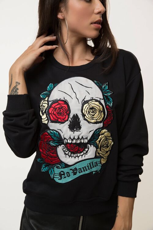 Embroidered Skull Roses Sweatshirt Woman - BLACK